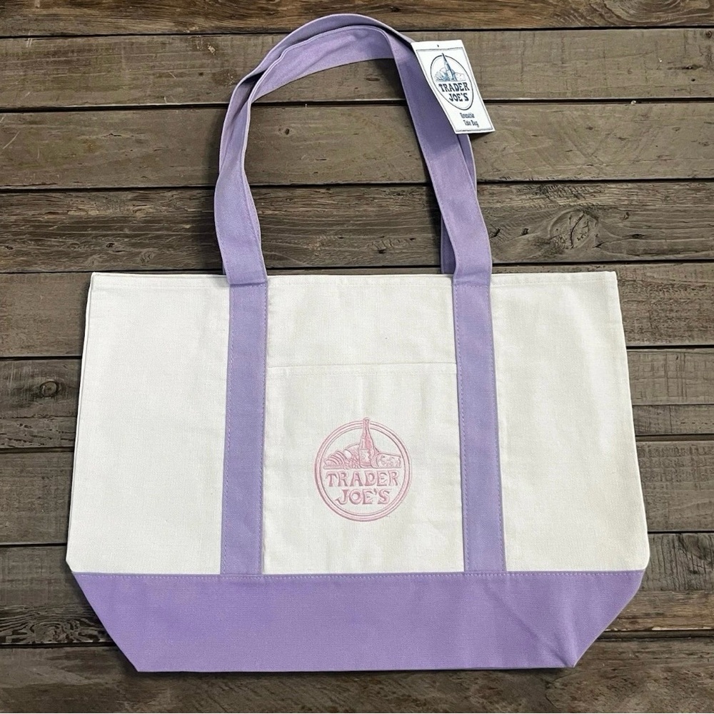 Trader Joe's Lavender-Trim Canvas Tote Bag Purple
